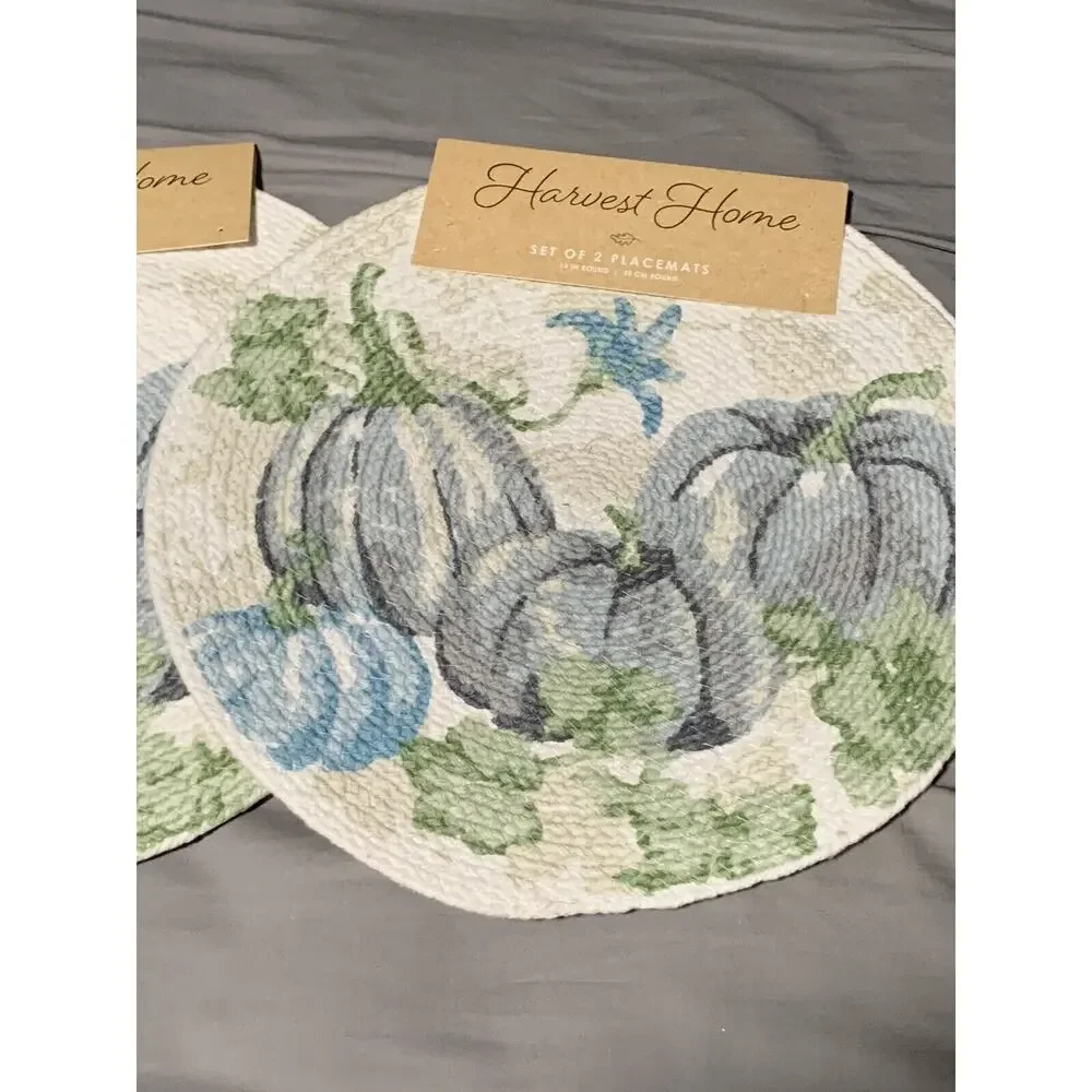 Set of 2 Placemats (4 Total) Harvest HOME Fall Leaves PUMPKIN Shaped 15